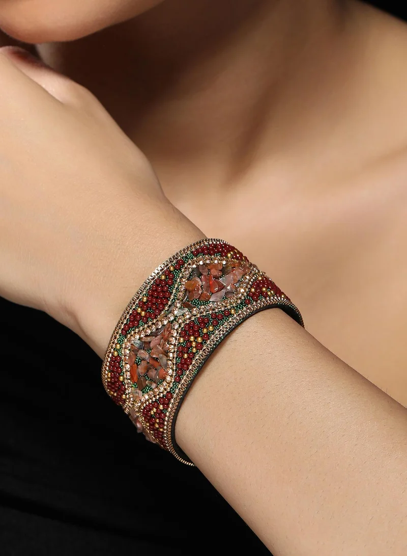 SOHI Women The Moziac-Swirl Statement Bracelet | Forest Green & Wine Red Colour | One-Size | Artificial Bead Suede Material | Magnetic Closure | Bracelet For Evening & Party Wear