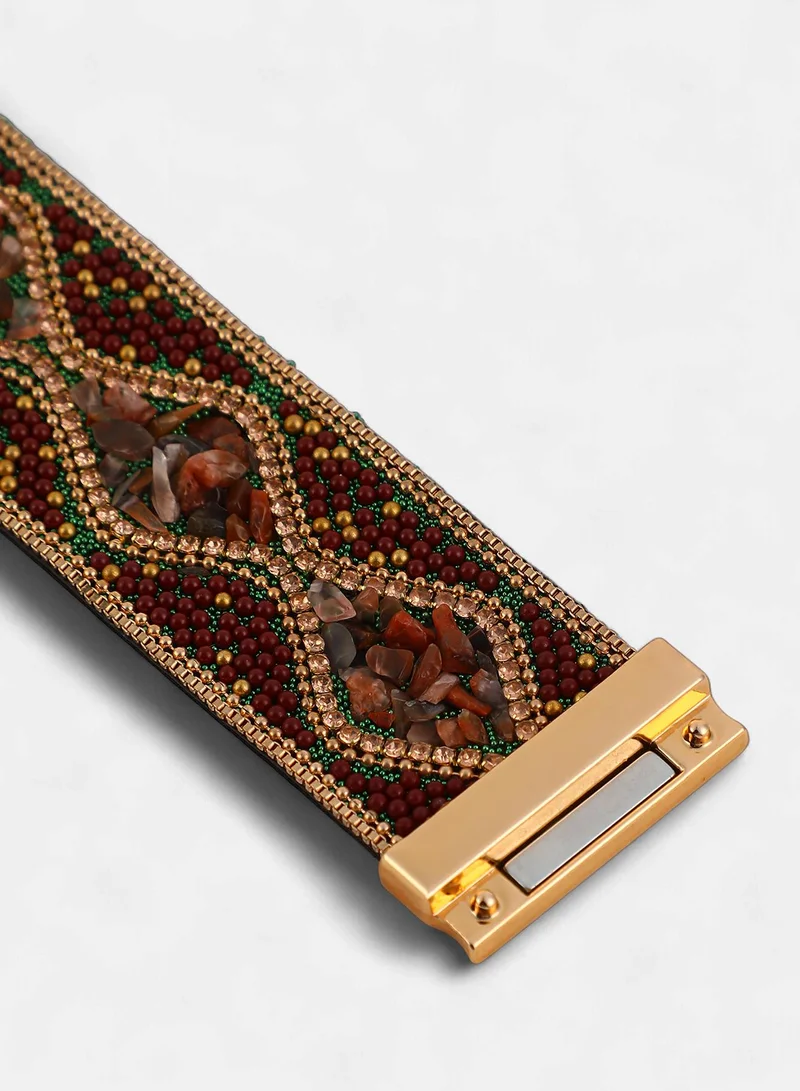 Sohi  Women The Moziac-Swirl Statement Bracelet | Forest Green & Wine Red Colour | One-Size | Artificial Bead Suede Material | Magnetic Closure | Bracelet For Evening & Party Wear for Women | Best Price UAE