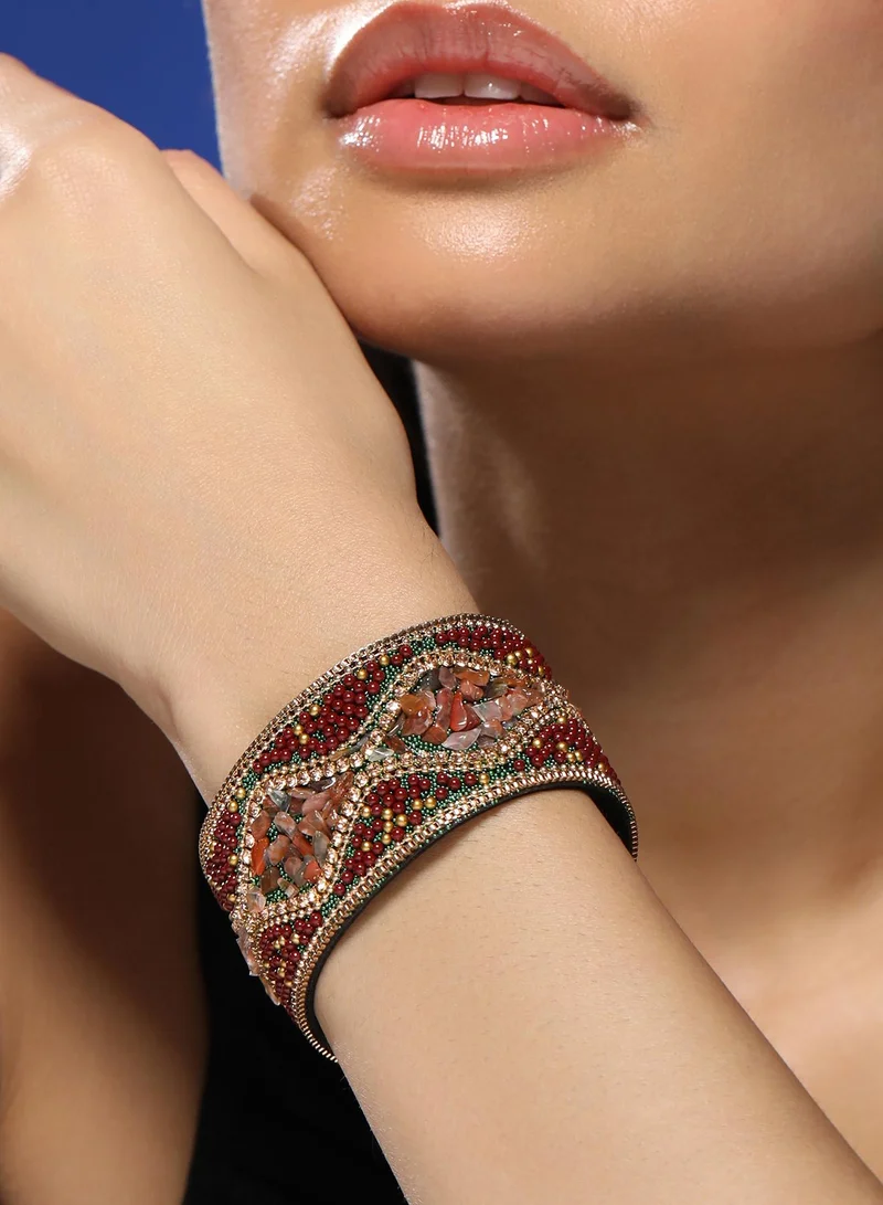 Sohi  Women The Moziac-Swirl Statement Bracelet | Forest Green & Wine Red Colour | One-Size | Artificial Bead Suede Material | Magnetic Closure | Bracelet For Evening & Party Wear for Women | Best Price UAE