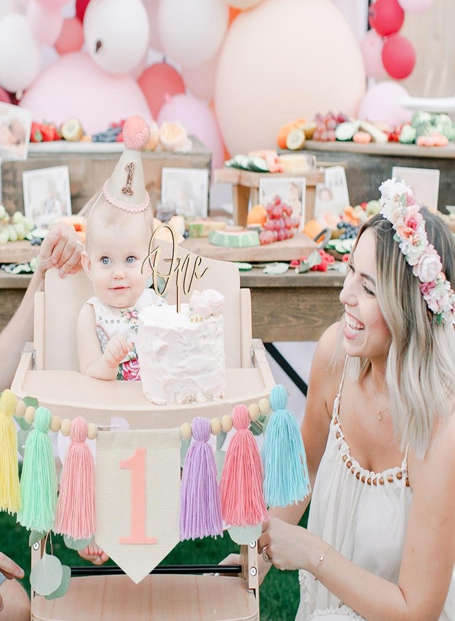 Ereniko Handmade Boho 1st Birthday Macaron High Chair Banner Boho 1st Birthday Hat Pink Decorations Party For Girl Baby 1st Birthday Crown Cake Topper - Image 3