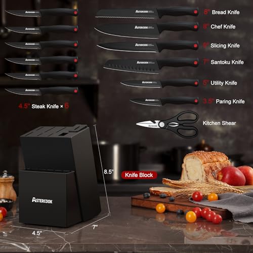 Astercook طقم سكاكين أستركوك 15 قطعة مع كتلة شحذ - فولاذ مقاوم للصدأ ألماني، سكاكين مطبخ آمنة في غسالة الصحون مع شاحن مدمج، أسود - Image 2