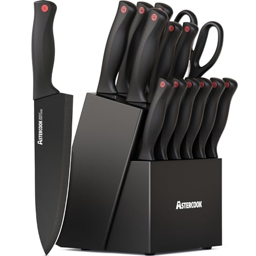 Astercook طقم سكاكين أستركوك 15 قطعة مع كتلة شحذ - فولاذ مقاوم للصدأ ألماني، سكاكين مطبخ آمنة في غسالة الصحون مع شاحن مدمج، أسود - Image 1