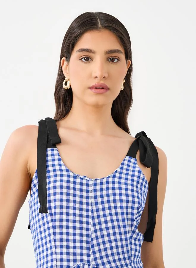 Take Two Take Two Checked Print Strappy Midi Tiered Dress
