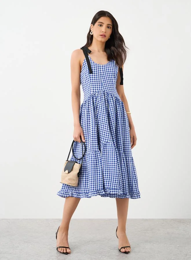Take Two Take Two Checked Print Strappy Midi Tiered Dress