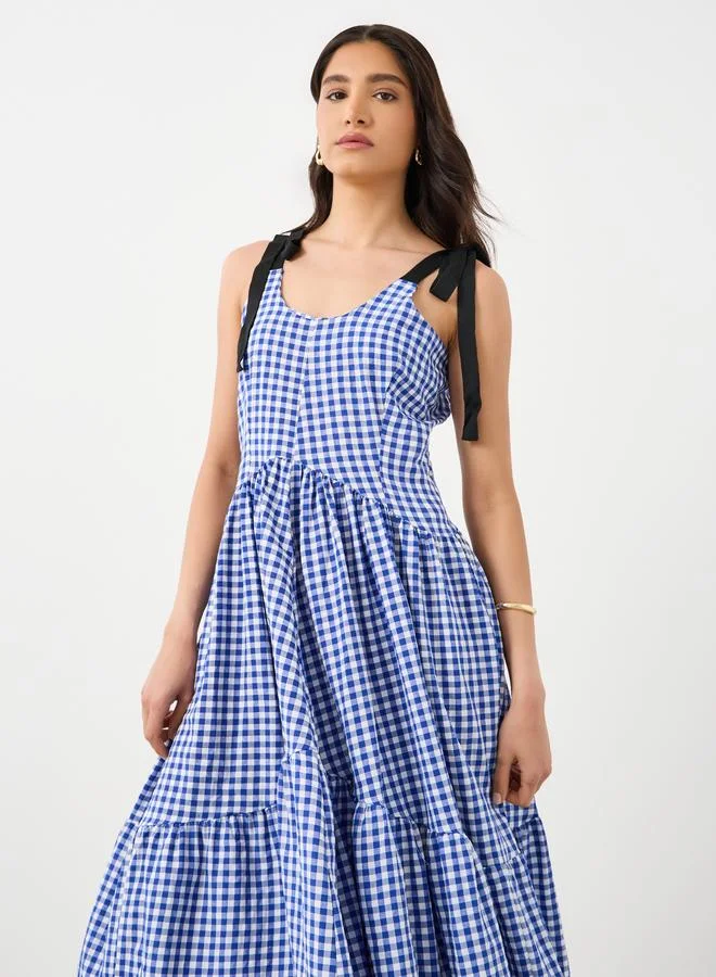 Take Two Take Two Checked Print Strappy Midi Tiered Dress