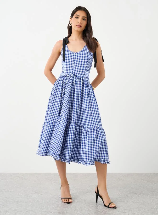 Take Two Take Two Checked Print Strappy Midi Tiered Dress