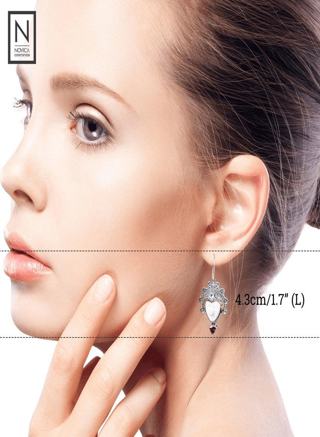 نوفيكا أقراط متدلية من العقيق والتوباز الأزرق مصنوعة يدويًا من نوفيكا، مصنوعة من العظم والفضة الإسترليني، حجر بخت إندونيسي أحمر وأبيض [1.7 بوصة طول × 0.8 بوصة عرض × 0.4 بوصة عمق] "هالة الأميرة" - Image 3