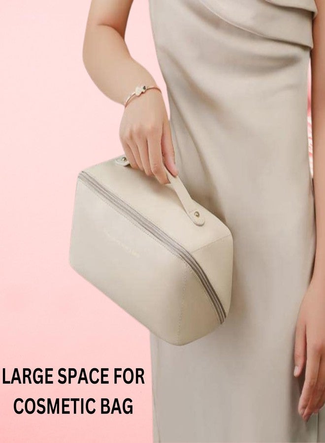 Flywind Leather Waterproof Makeup Bag for Women - Large Capacity Pouches for Women, Cosmetic Makeup Pouch with Compartments - Wide Opening Zipper - Travel Makeup Organizer Kit (White) - Image 4