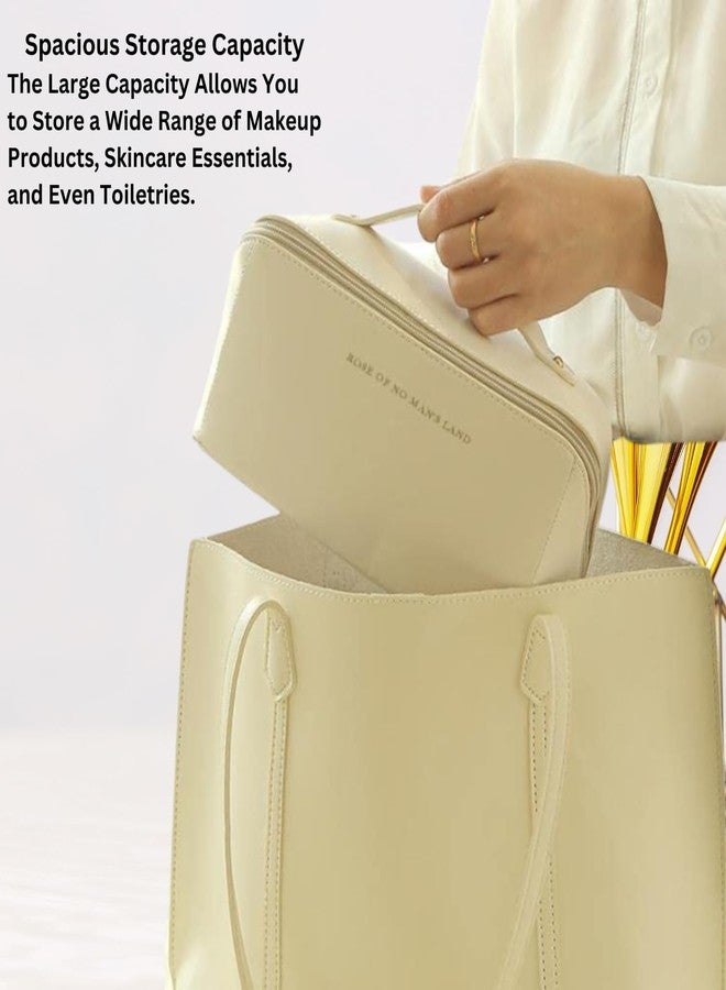 Flywind Leather Waterproof Makeup Bag for Women - Large Capacity Pouches for Women, Cosmetic Makeup Pouch with Compartments - Wide Opening Zipper - Travel Makeup Organizer Kit (White) - Image 5