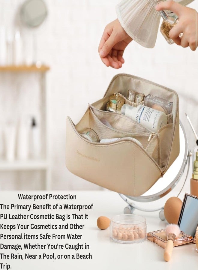 Flywind Leather Waterproof Makeup Bag for Women - Large Capacity Pouches for Women, Cosmetic Makeup Pouch with Compartments - Wide Opening Zipper - Travel Makeup Organizer Kit (White) - Image 2