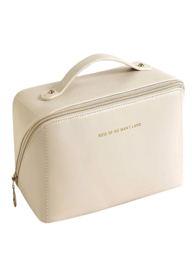 Flywind Leather Waterproof Makeup Bag for Women - Large Capacity Pouches for Women, Cosmetic Makeup Pouch with Compartments - Wide Opening Zipper - Travel Makeup Organizer Kit (White) - Image 1