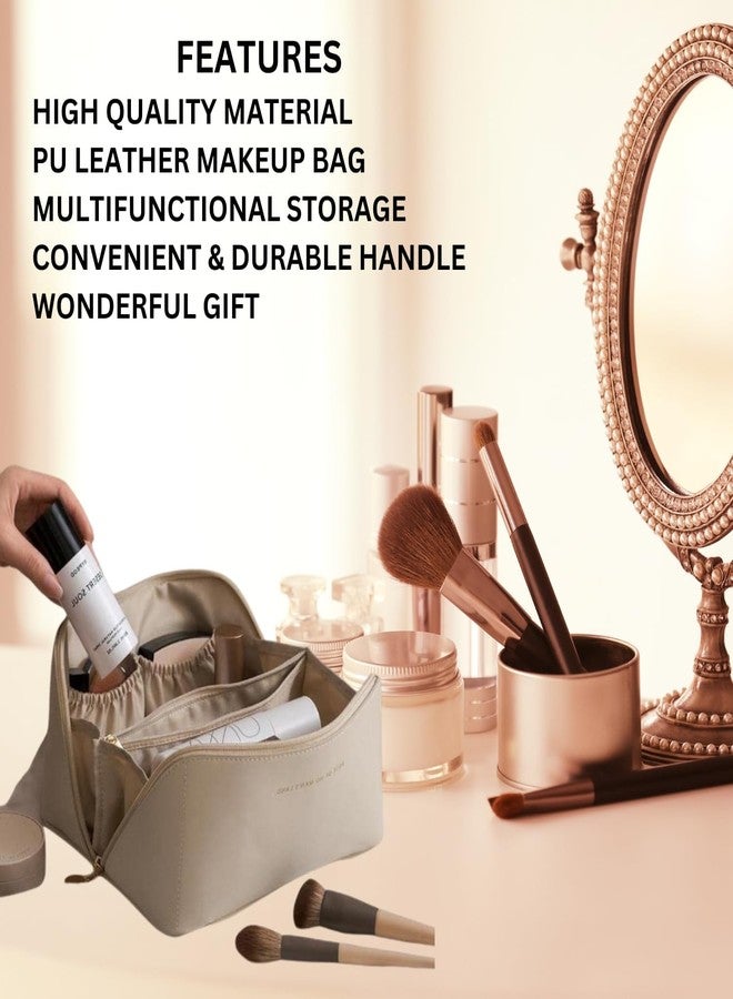 Flywind Leather Waterproof Makeup Bag for Women - Large Capacity Pouches for Women, Cosmetic Makeup Pouch with Compartments - Wide Opening Zipper - Travel Makeup Organizer Kit (White) - Image 3