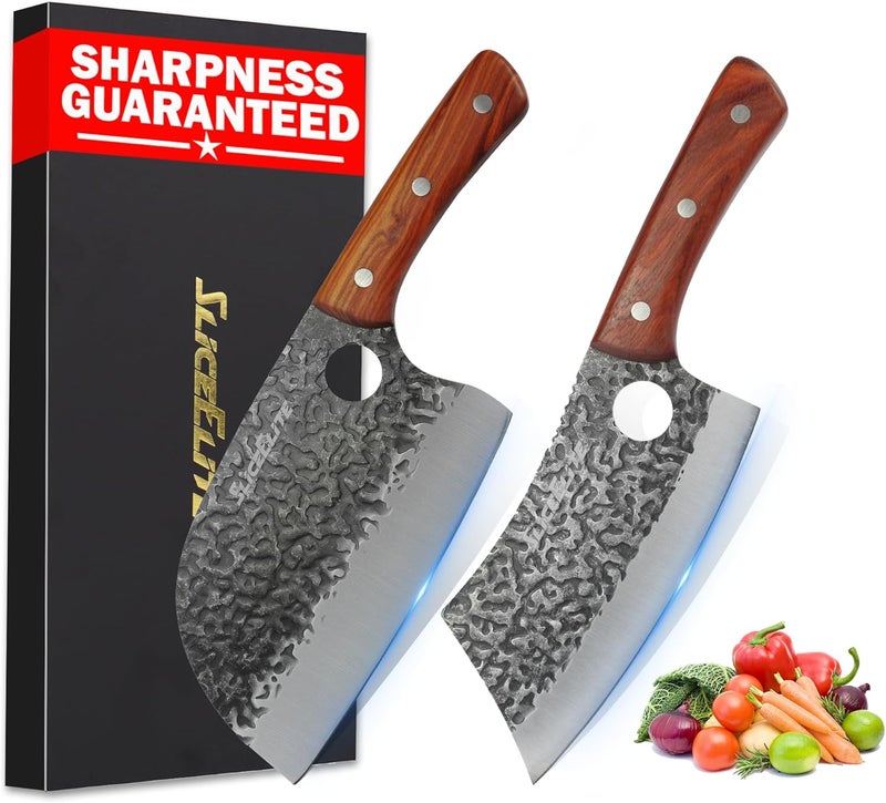 SliceElite 2PCS Hand-Forged Chef Knife Set | Serbian & Cleaver Knives for Meat & Veg Cutting | Professional Kitchen Knife with Gift Box for BBQ Cooking - Image 1