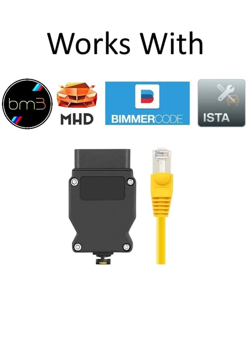 ENET OBD2 Adaptor with Ethernet Rj45 Cable - works with I-COM, E-SYS, I-STA, Bootmod3, Bimmercode, MHD for BMW E/F/G Series & Toyota Supra MK5 Coding & Diagnostic (With Ethernet Cable)