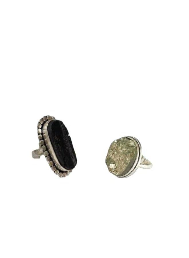 Studd Muffyn | Crystal Shield (Pyrite Geode adjustable ring & Black Tourmaline Ring) - Image 1