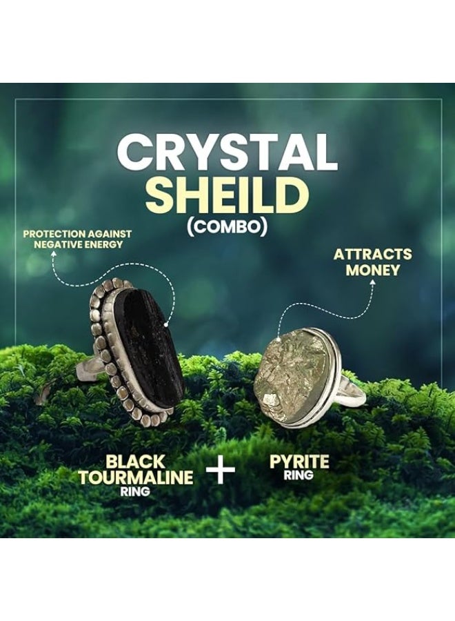 Studd Muffyn | Crystal Shield (Pyrite Geode adjustable ring & Black Tourmaline Ring) - Image 3
