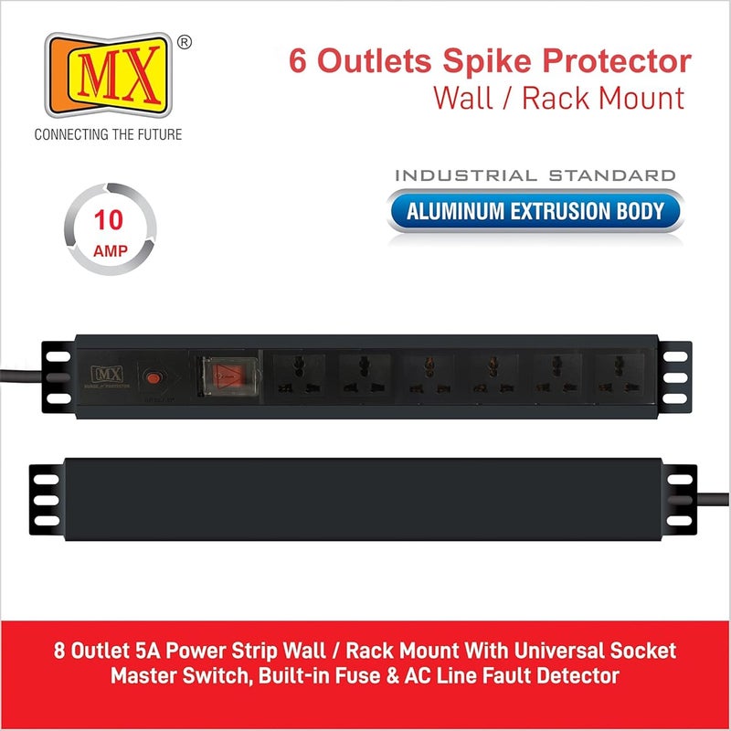 MX MX 6 Outlets Spike Protector of 10 Amp with 1 Switch and 1 Overload Circuit Breaker WallRack Mount 360 Degree Rotatable Bracket  - Image 2