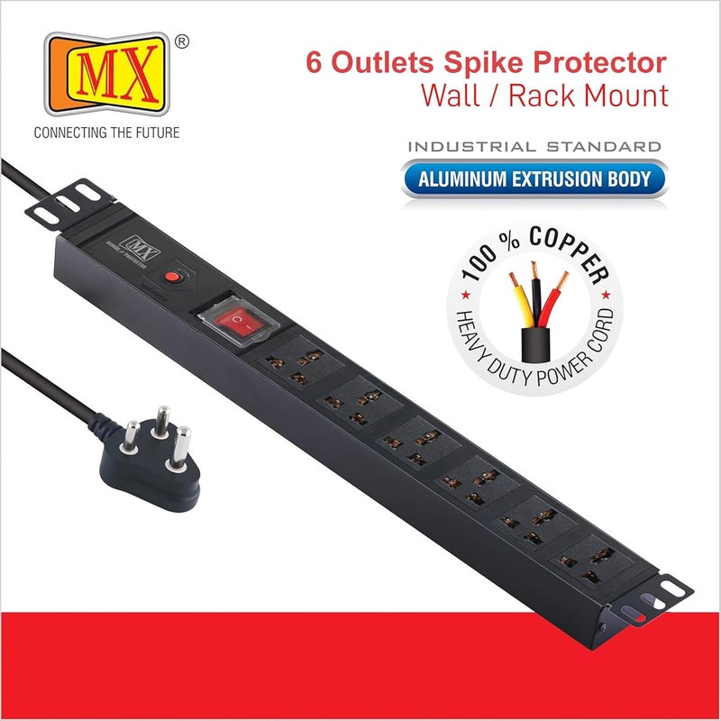 MX MX 6 Outlets Spike Protector of 10 Amp with 1 Switch and 1 Overload Circuit Breaker WallRack Mount 360 Degree Rotatable Bracket  - Image 4