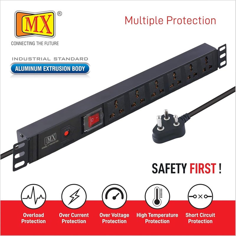 MX MX 6 Outlets Spike Protector of 10 Amp with 1 Switch and 1 Overload Circuit Breaker WallRack Mount 360 Degree Rotatable Bracket  - Image 5