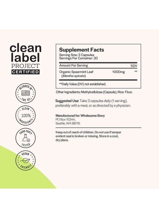 Wholesome Story - Organic Spearmint Capsules; Great Alternative To Spearmint Tea; 1000Mg Spearmint Leaf Powder; Supports Hormones Cognition Gut Immune System Pcos; 30Day Supply; 90 Spearmint Supplements - Image 1