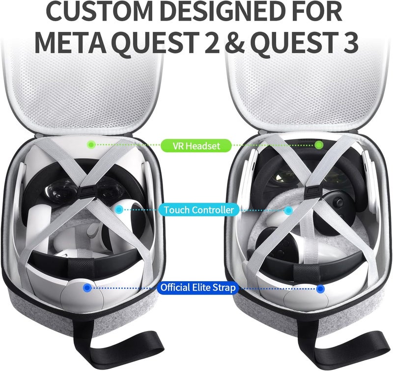 SARLAR حقيبة حمل صلبة كبيرة الحجم متوافقة مع Meta Quest 3/3S/Quest 2 حزام النخبة الرسمي و BOBOVR M3/M2 Pro، تصميم KIWI، Saqico، حزام الرأس VZNEK مع بطارية وجميع الملحقات - Image 2