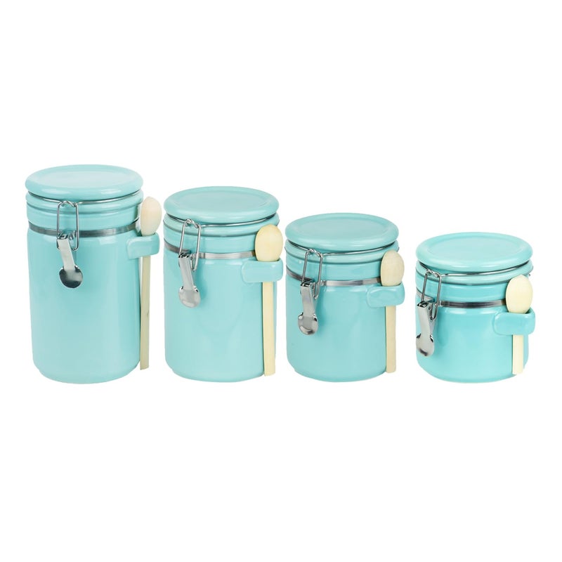 Home Basics Canister Sets For The Kitchen (4 Piece) Turquoise, High Gloss Ceramic | By Home Basics | Decorative Set | With Wooden Spoons, Countertop For Flour, Sugar, Coffee, and Snacks - Image 1
