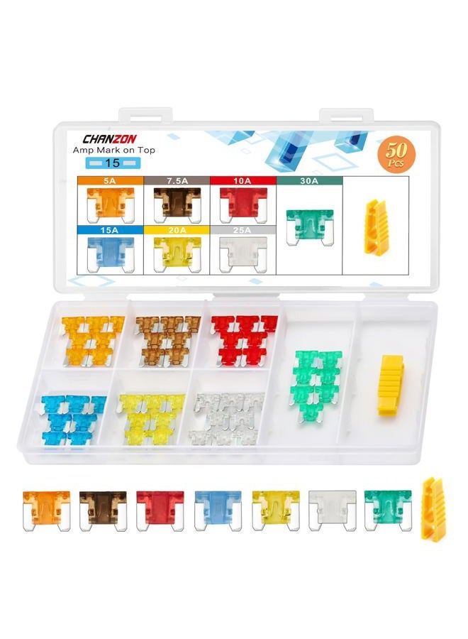 Chanzon 50pcs Micro Low Profile (Mini) Blade Fuse Assorted (5A 7.5A 10A 15A 20A 25A 30A) for Car Truck RV Automotive Motor Boat Replacement - Image 1