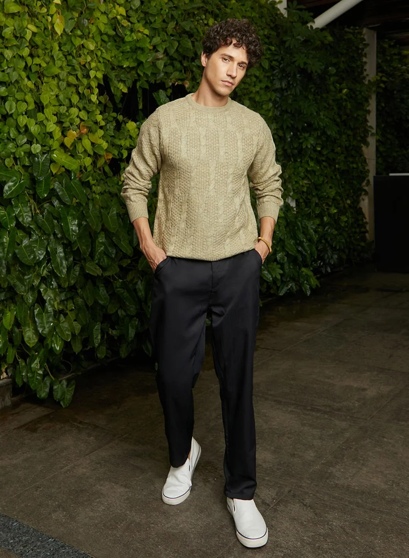 Campus Sutra Men's Dark Khaki Beige Twist-Knit Pullover Sweater