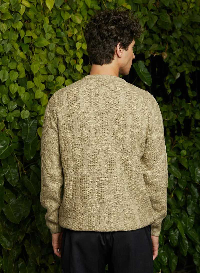 Campus Sutra Men's Dark Khaki Beige Twist-Knit Pullover Sweater