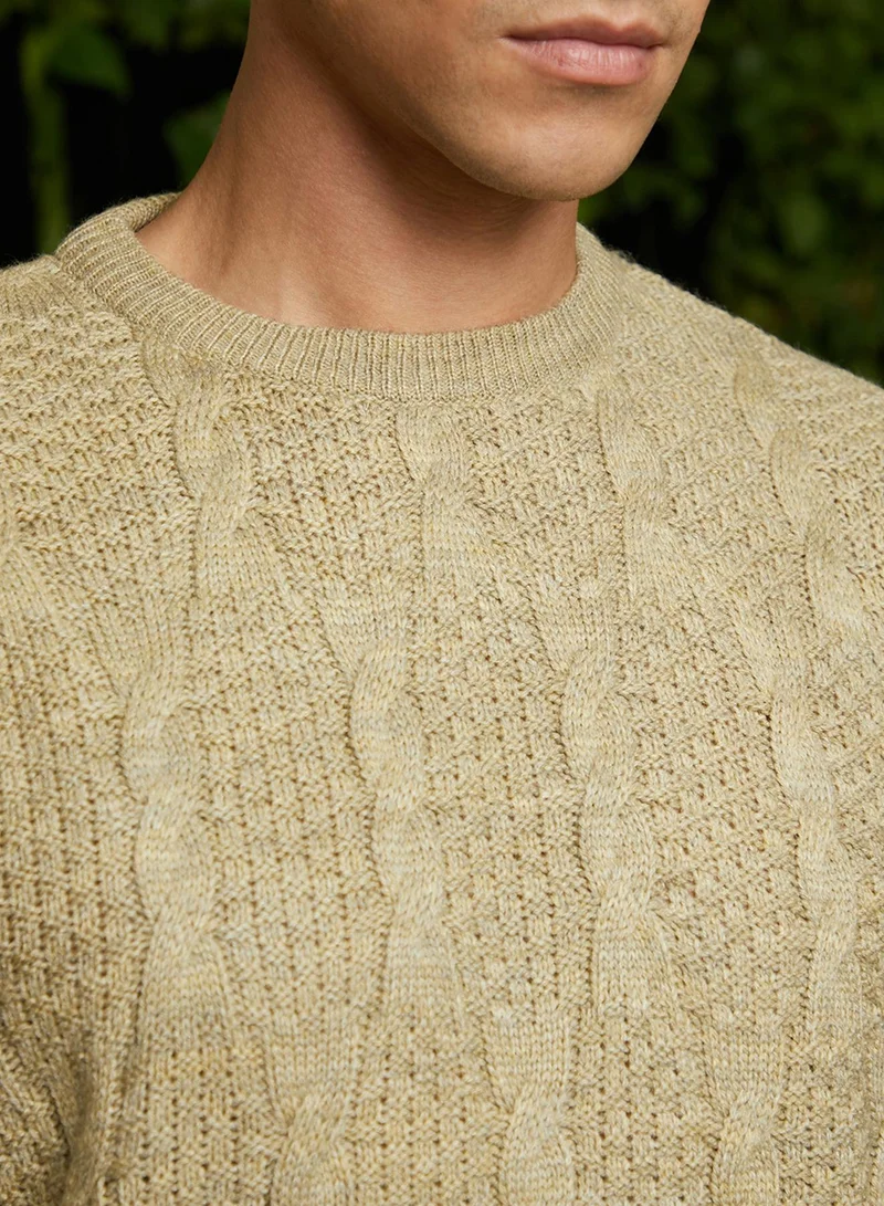 Campus Sutra Men's Dark Khaki Beige Twist-Knit Pullover Sweater