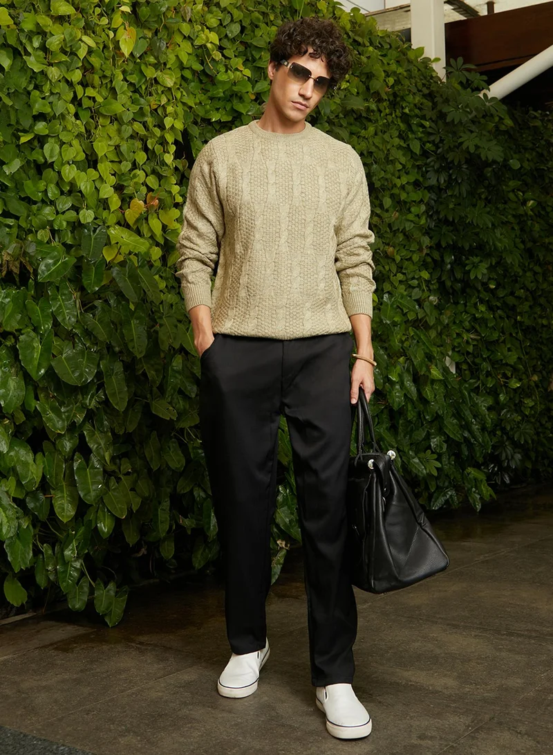 Campus Sutra Men's Dark Khaki Beige Twist-Knit Pullover Sweater