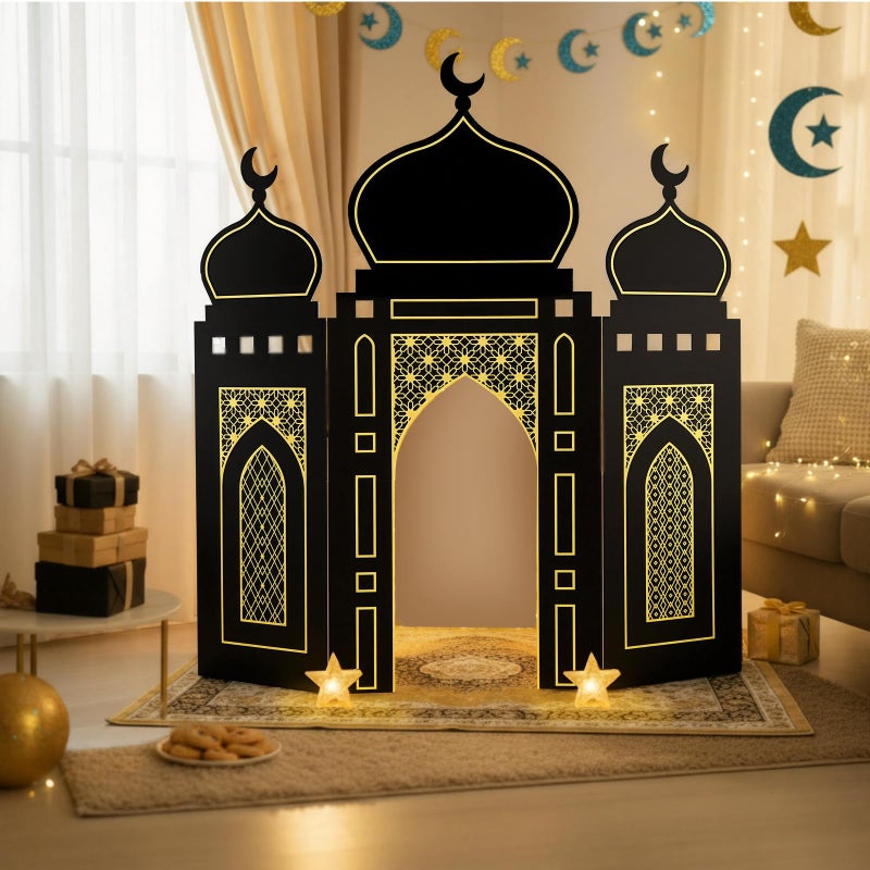 Amyhill Ramadan Eid Mosque Decorations 41 x 44.5 Inch DIY Cardboard Mosque Castle for Home Ramadan Playhouse Corner Activities for Islamic Muslim Home Decor(Black Gold) - Image 5