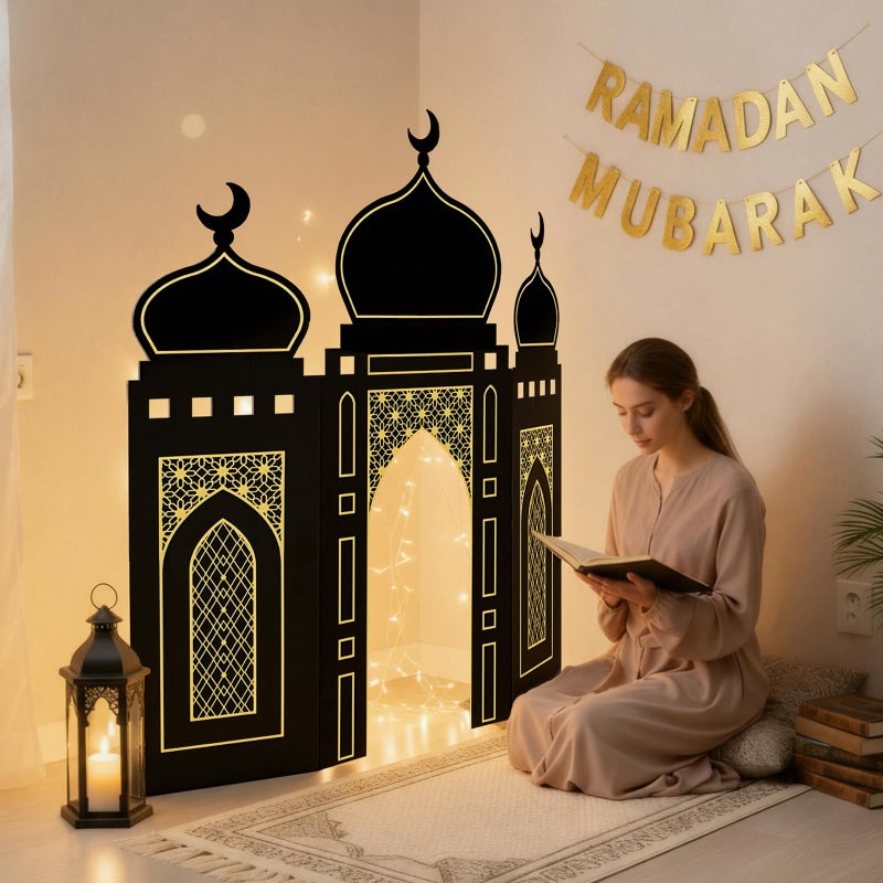 Amyhill Ramadan Eid Mosque Decorations 41 x 44.5 Inch DIY Cardboard Mosque Castle for Home Ramadan Playhouse Corner Activities for Islamic Muslim Home Decor(Black Gold) - Image 4