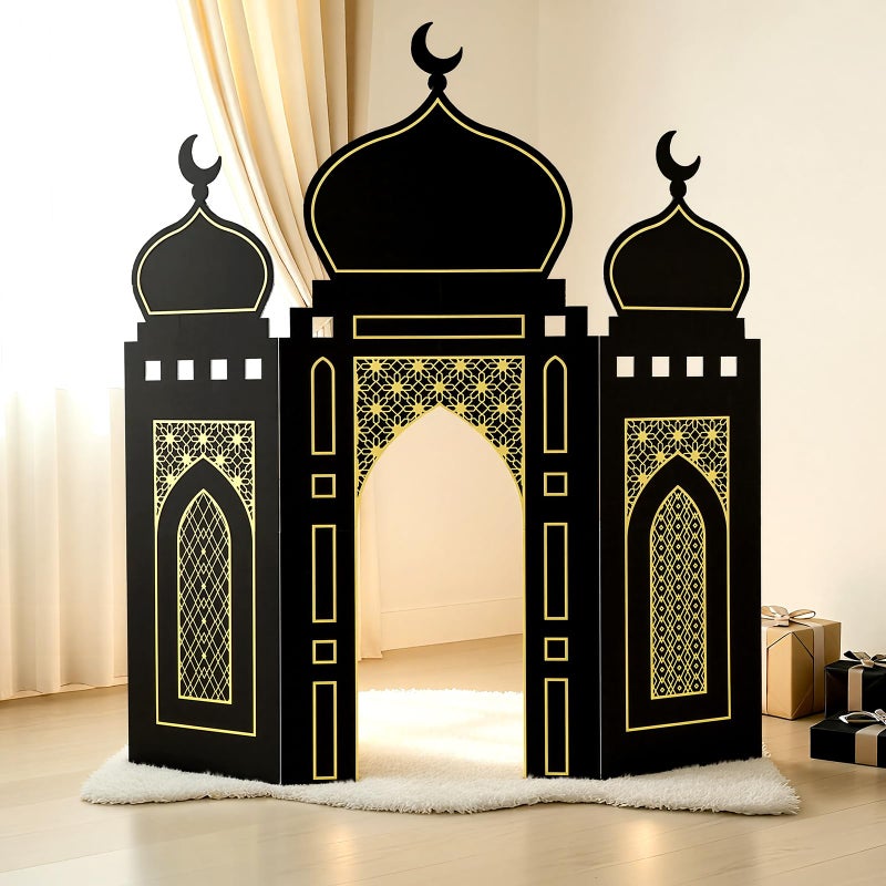 Amyhill Ramadan Eid Mosque Decorations 41 x 44.5 Inch DIY Cardboard Mosque Castle for Home Ramadan Playhouse Corner Activities for Islamic Muslim Home Decor(Black Gold) - Image 1