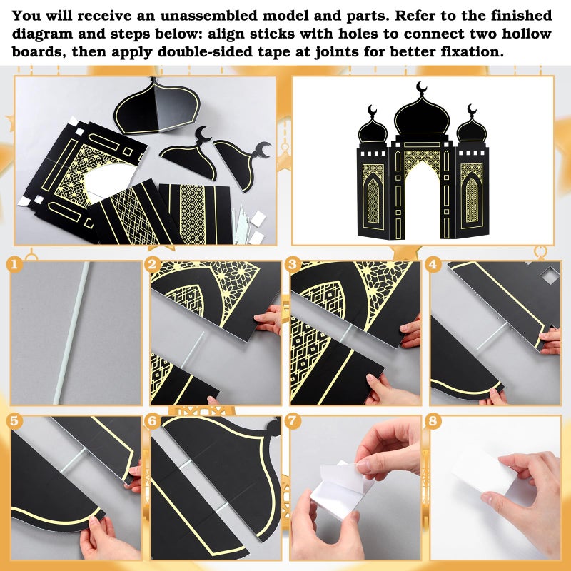 Amyhill Ramadan Eid Mosque Decorations 41 x 44.5 Inch DIY Cardboard Mosque Castle for Home Ramadan Playhouse Corner Activities for Islamic Muslim Home Decor(Black Gold) - Image 3