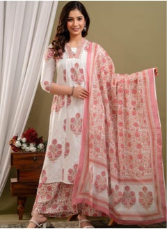 IndHeritage - Premium cotton 3pc A line kurti set / salwar suit with embroidery & mirror work - Pink & white colour floral designed pants & dupatta - Indian Kurti Set IDH00169