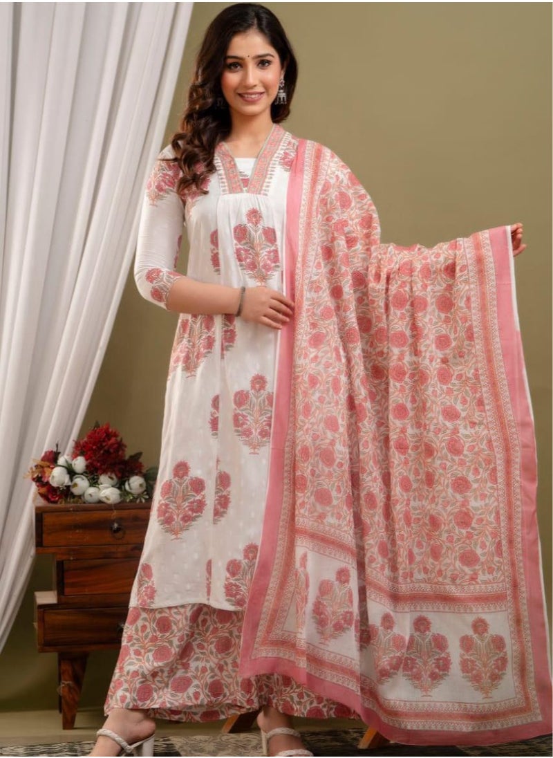 IndHeritage - IndHeritage - Premium cotton 3pc A line kurti set / salwar suit with embroidery & mirror work - Pink & white colour floral designed pants & dupatta - Indian Kurti Set IDH00169 - Image 1