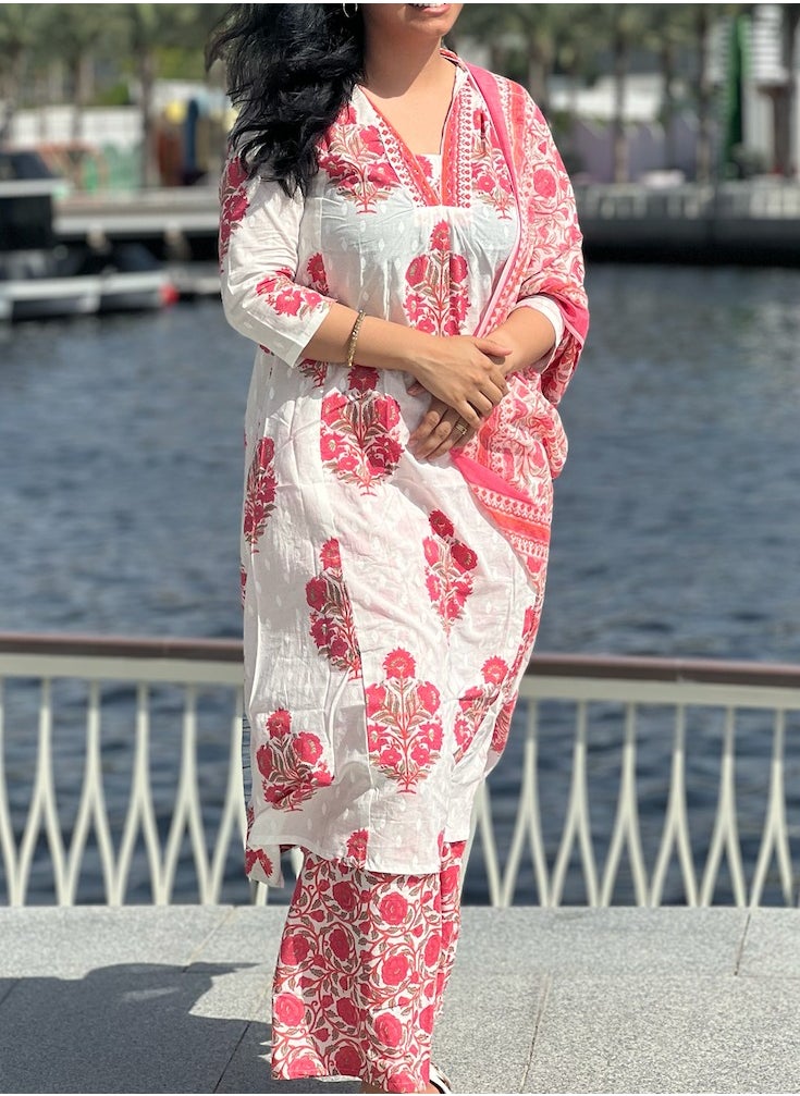 IndHeritage - IndHeritage - Premium cotton 3pc A line kurti set / salwar suit with embroidery & mirror work - Pink & white colour floral designed pants & dupatta - Indian Kurti Set IDH00169 - Image 1