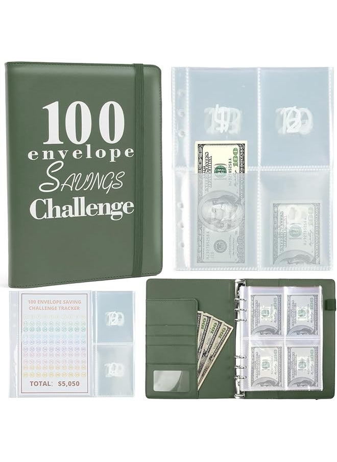 erorex - 100 Envelopes Money Saving Challenge Binder A5 Savings Challenges Book With Envelopes Easy And Fun Way To Save $5 050 Money Savings Challenges Binder Valentines Gift Saving Money Binder Green - Image 1