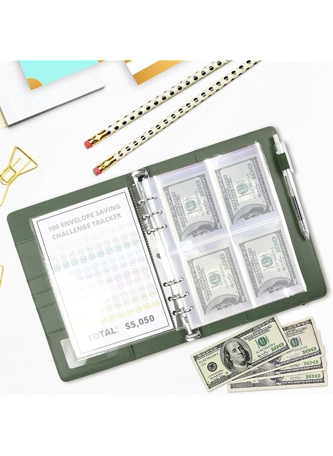 erorex - 100 Envelopes Money Saving Challenge Binder A5 Savings Challenges Book With Envelopes Easy And Fun Way To Save $5 050 Money Savings Challenges Binder Valentines Gift Saving Money Binder Green - Image 1