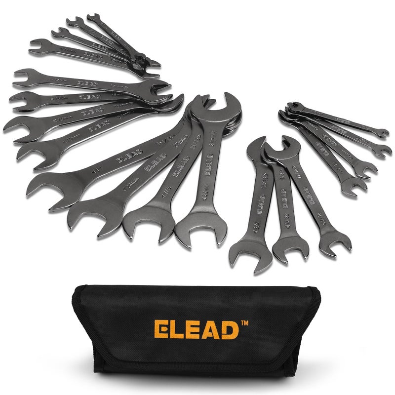 ELEAD Super-Thin Open End Wrench Set | 19-Piece SAE & Metric Sizes | CR-V Nickel Plated | Ultra-Slim Design | Corrosion-Resistant | Durable Roll-Up Pouch for Mechanics - Image 1