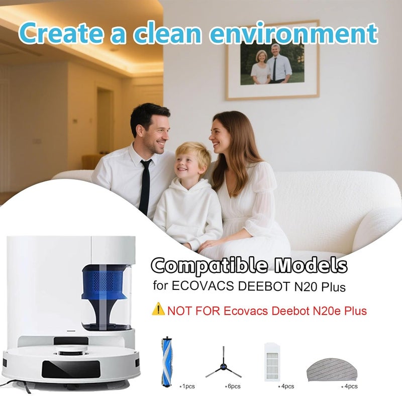 Frexusuent Accessories for ECOVACS DEEBOT N20 Plus Vacuum Cleaner, 1 Main Brush, 4 Filters, 4 Mop Pads, 6 Side Brushes, 16 Pcs DEEBOT N20 Plus Replacement Part Kit Attachment - Image 2