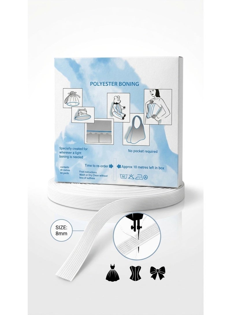دعامات بوليستر ممتازة - عرض 8 مم - لون أبيض - دعامات عالية الكثافة قابلة للخياطة من خلالها للمشدات وملابس الزفاف والملابس الداخلية المشدودة (44 ياردة) - Image 2