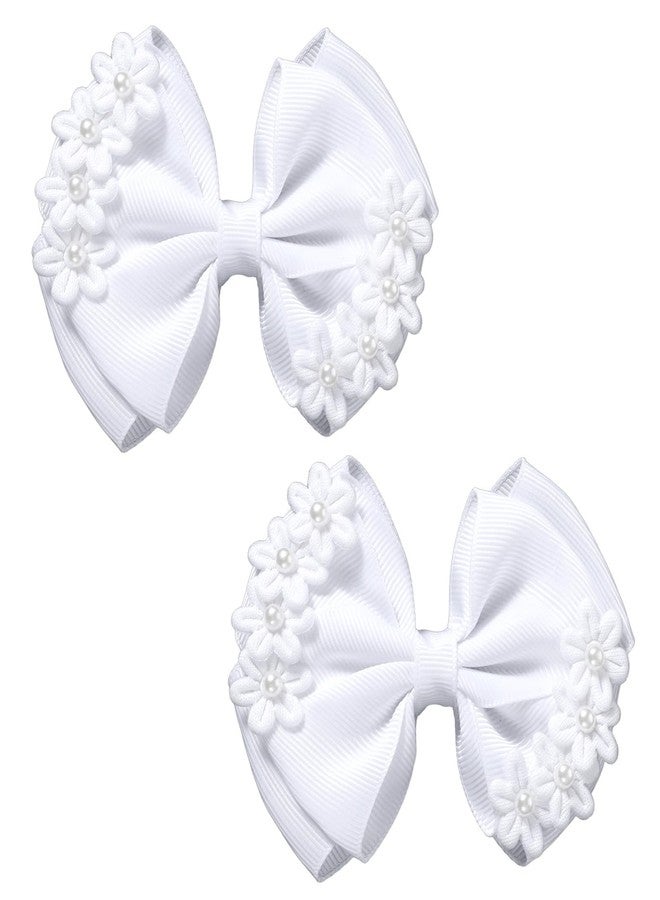 Molain 2 Pcs 4" Flower Hair Bows for Girls, White Flower Hair Bows with Pearls White Pearl Bowknot Hair Clips Floral Hairclips for Women Wedding Pageant Communion Party Dress Decoration Accessory - Image 1