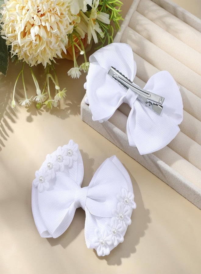 Molain 2 Pcs 4" Flower Hair Bows for Girls, White Flower Hair Bows with Pearls White Pearl Bowknot Hair Clips Floral Hairclips for Women Wedding Pageant Communion Party Dress Decoration Accessory - Image 2