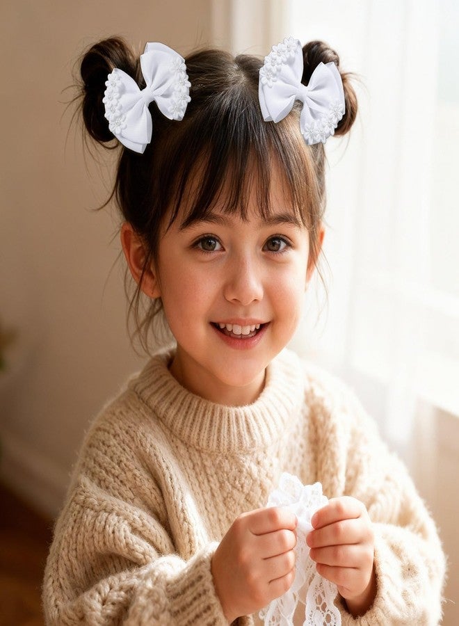 Molain 2 Pcs 4" Flower Hair Bows for Girls, White Flower Hair Bows with Pearls White Pearl Bowknot Hair Clips Floral Hairclips for Women Wedding Pageant Communion Party Dress Decoration Accessory - Image 3