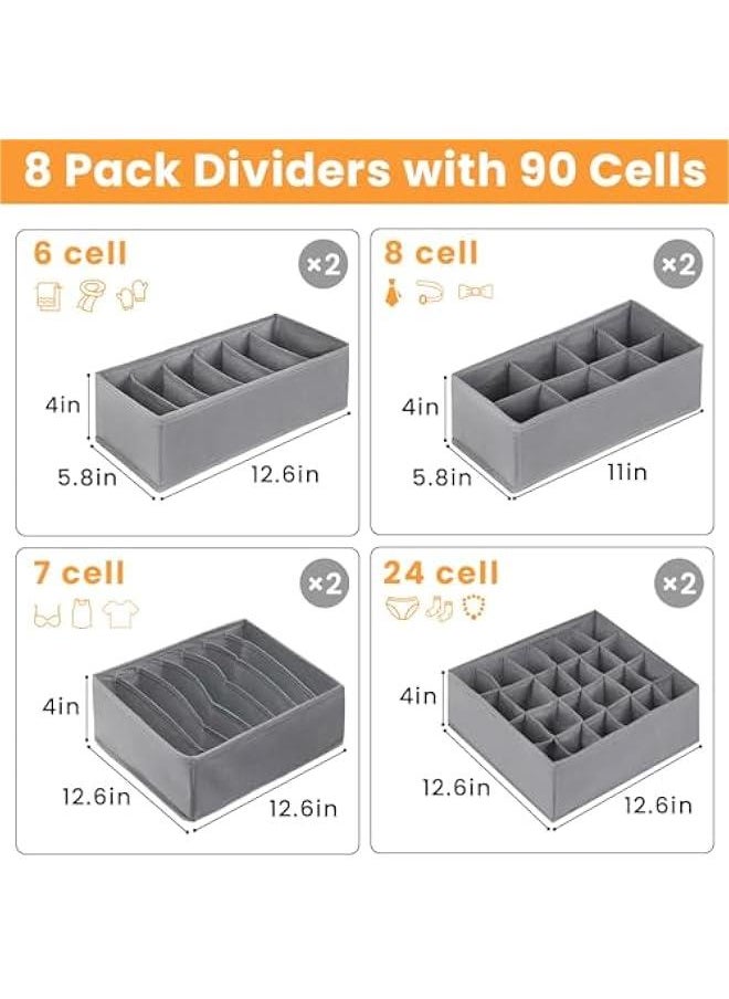 HOOKOR 8 Packs Drawer Organizers for Clothing with 90 Cells Fabric Foldable Grids Dividers Box for Socks,Underwear, Bras and Ties (Grey)  - Image 2