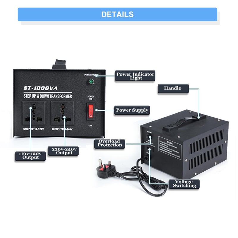 1000W Voltage Converter UK to US/US to UK Toroidal Core Step Up and Down Voltage Transformer Output 110V - 120V / 220V - 240V Voltage Converter with UK Standard Plug Circuit Break Protection - Image 2