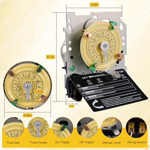Osyyhe T104M Mechanical Timer Switch (Mechanism Only),208-277 VAC 5HP 40A DPST Pool Pump Timers Replacement,24-Hour 12 ON/Off Electromechanical Timer Switch for Pool Pump Water Heater Lighting - Image 3