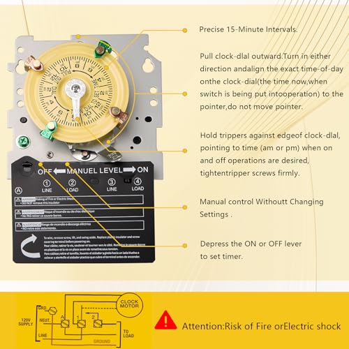 Osyyhe T104M Mechanical Timer Switch (Mechanism Only),208-277 VAC 5HP 40A DPST Pool Pump Timers Replacement,24-Hour 12 ON/Off Electromechanical Timer Switch for Pool Pump Water Heater Lighting - Image 4